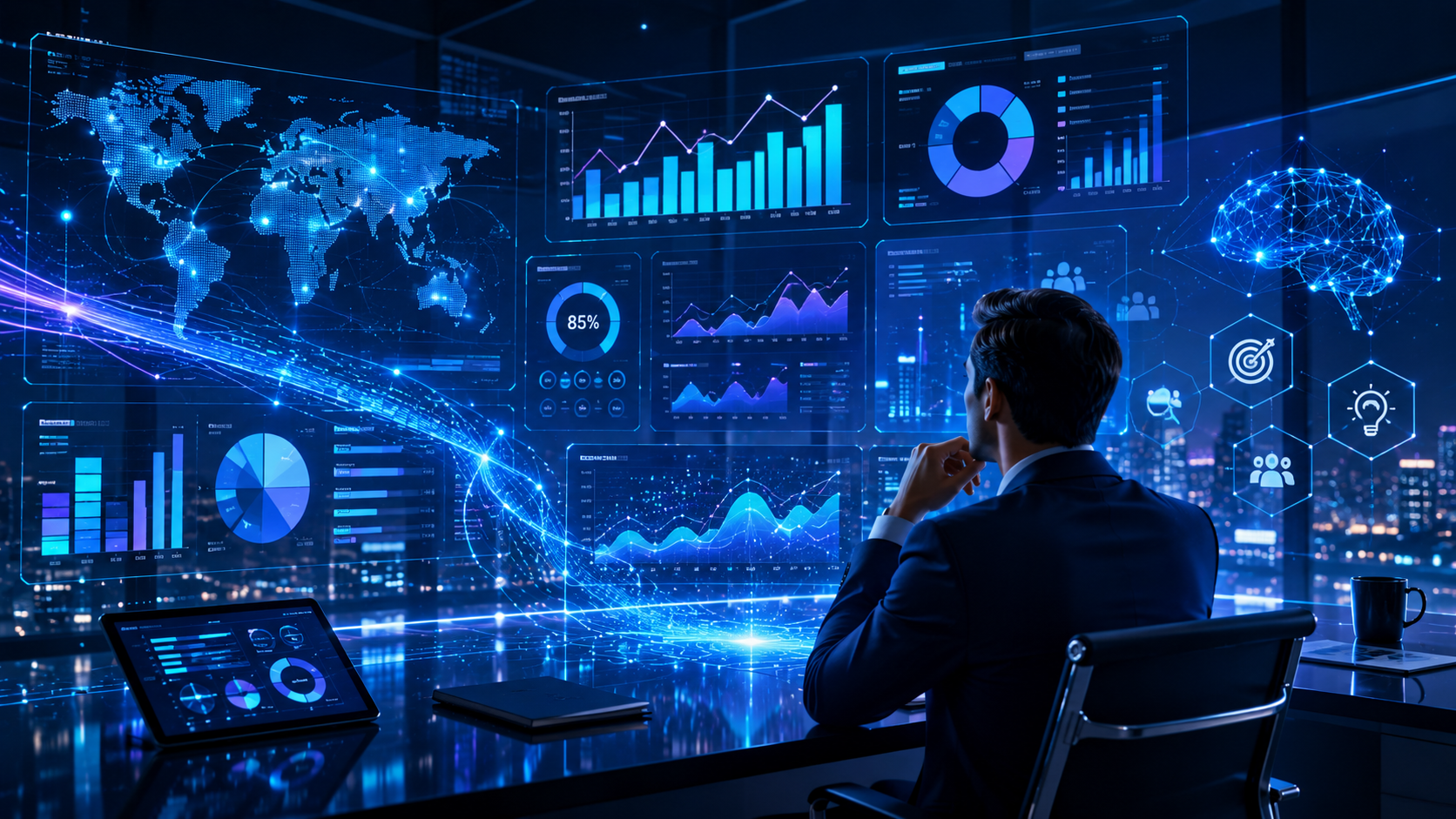Man in a suit sits at a glass desk, studying blue holographic dashboards with charts and a world map.